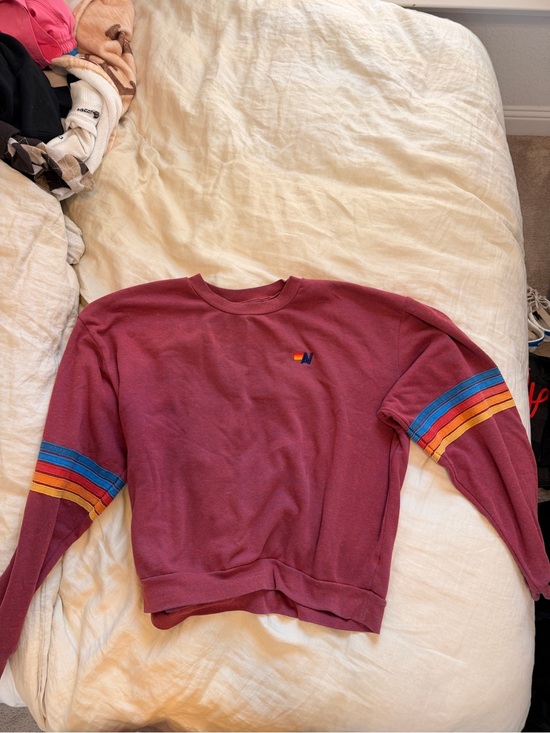 Aviator Nation Sweaters - women’s Maroon Crewneck Sweater with Multicolor Stripe Sleeves